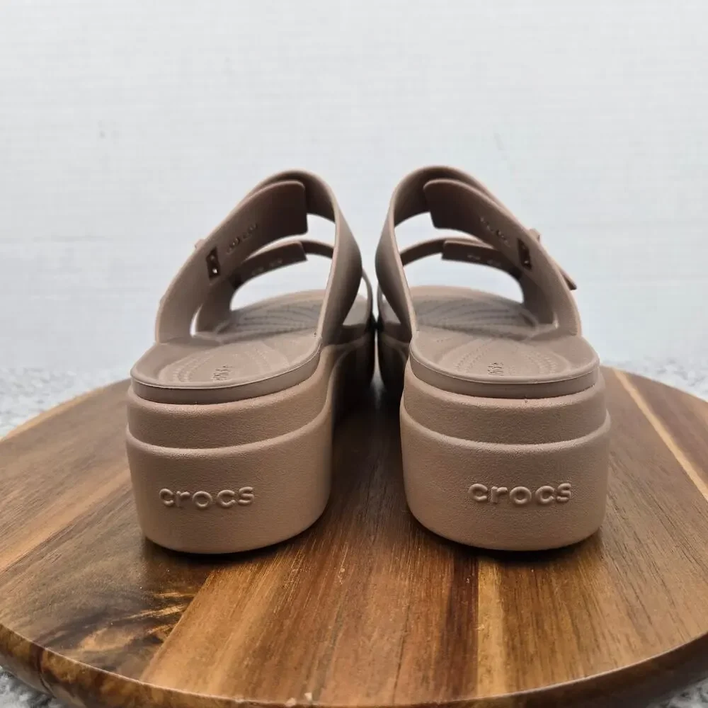Crocs Womens 7 Brooklyn Latte Brown Buckle Low Double Strap Casual Wedge Sandal
